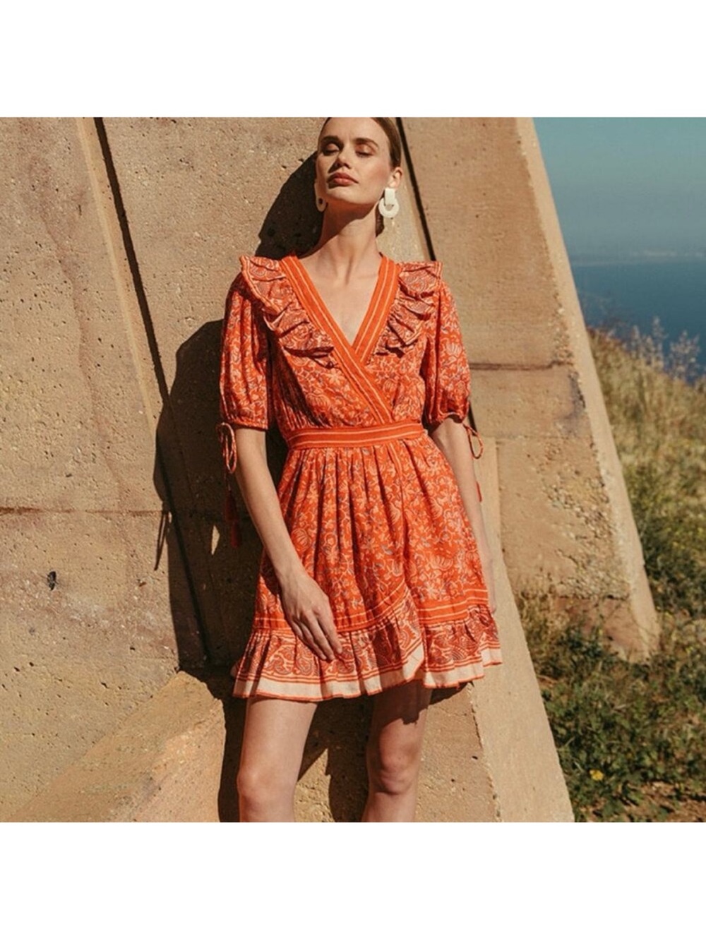Cleobella Blair Red Printed Wrap Mini Dress with Ruffle Accents